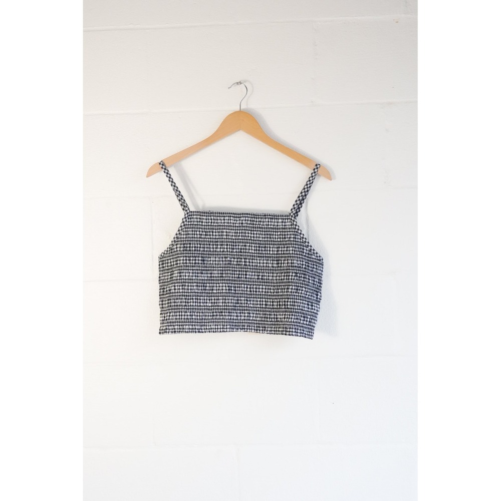 No Boundaries Smocked Cami Top Women Extra Large Navy White Gingham Cropped